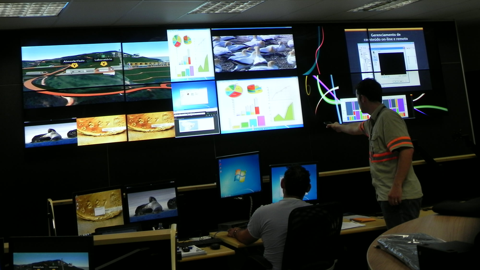 Yamana Pilar command-and-control room with an active multi-source video wall during commissioning